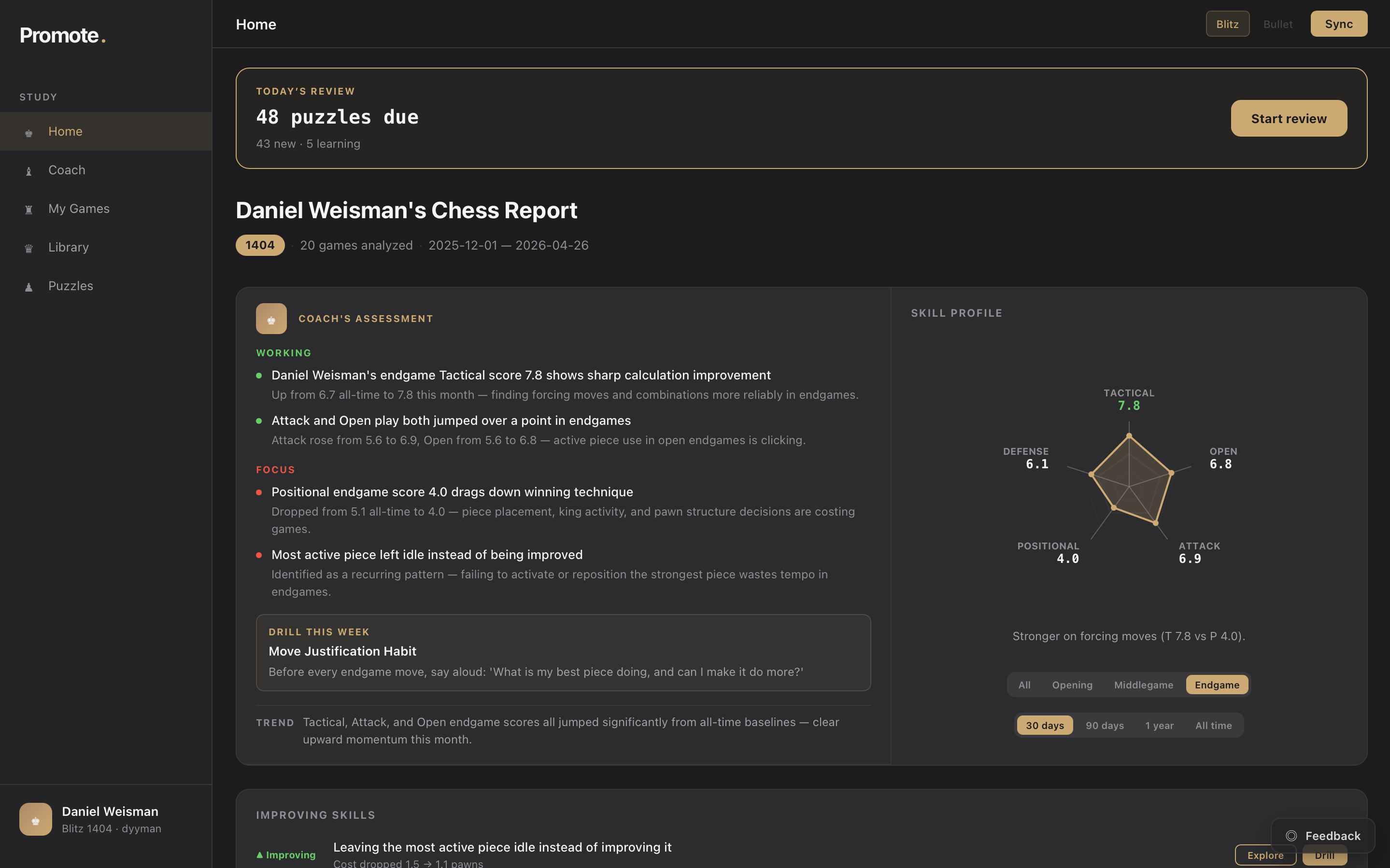 Promote Home — Daniel Weisman's Chess Report with skill profile radar, working/focus highlights, and a recommended drill of the week