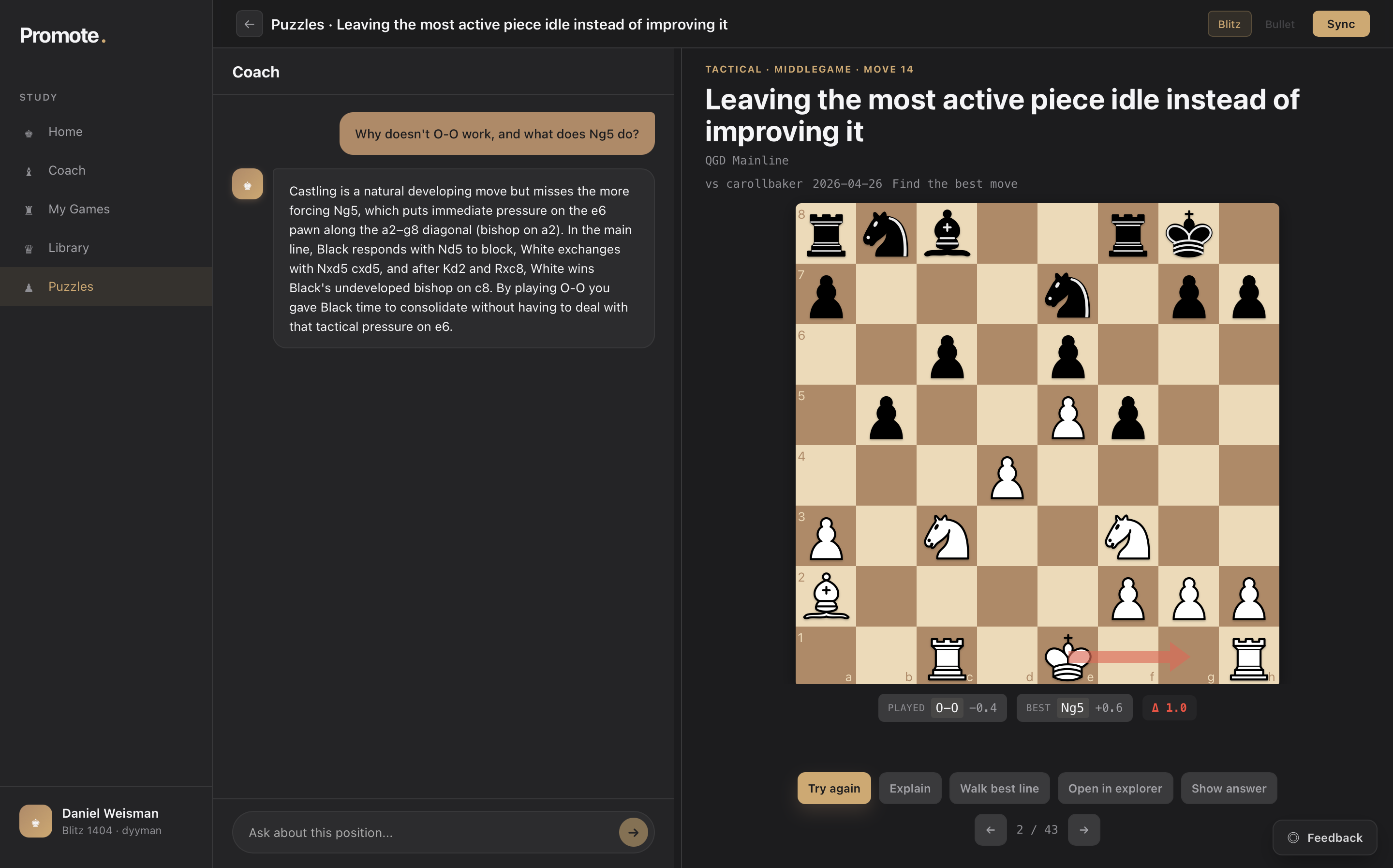 Promote Coach explaining why castling fails and Ng5 is the better move in a Queen's Gambit Declined middlegame puzzle